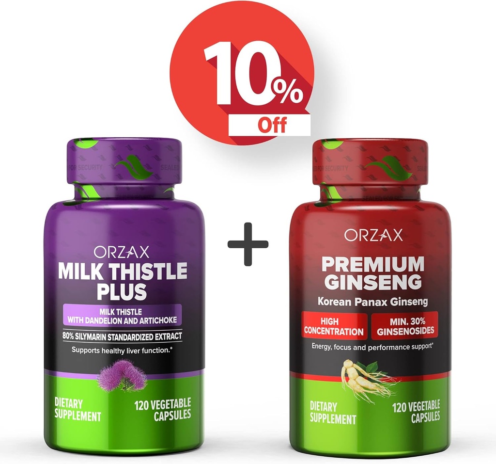 OrzAX Milk Thistle Plus 120 Capsule Vegatable şi Premium Ginseng 120 Capsule Vegatable, Bundle