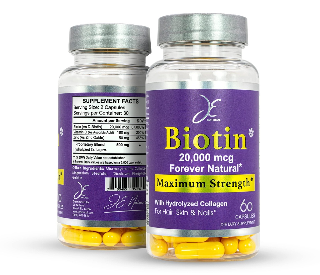 JE Natural Biotin Hair Piele și unghii Vitamine, Vitamina C, Biotina și Suplimente Colagen care fac parul sa creasca mai rapid și mai lung, pentru toate vârstele, 60 capsule de Biotin 20000mcg Putere maximă.