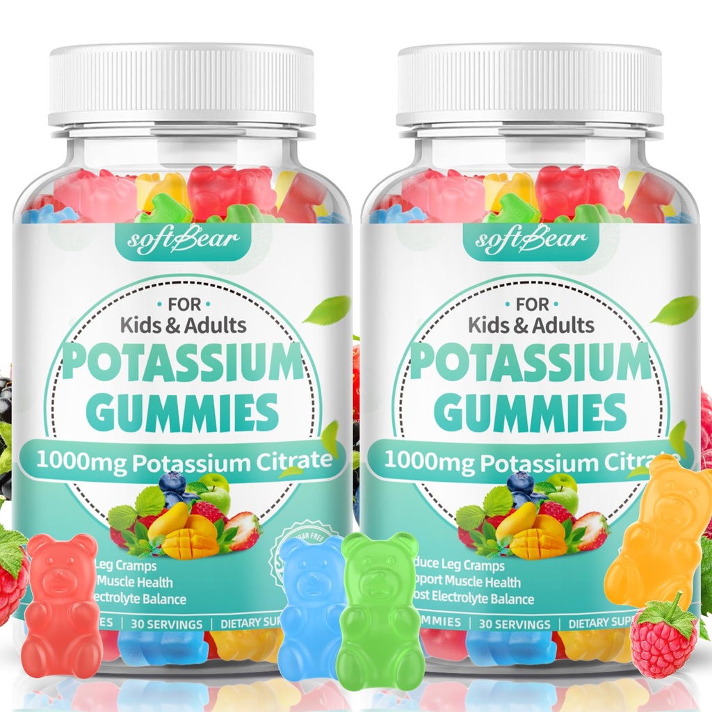 softbear Citrat de potasiu Gume, Potență mare Citrate Potasiu 1000mg susține picioare cramps și musculare Sănătate Gume de potasiu pentru adulți și copii Aroma de fructe mixte 120 Conte