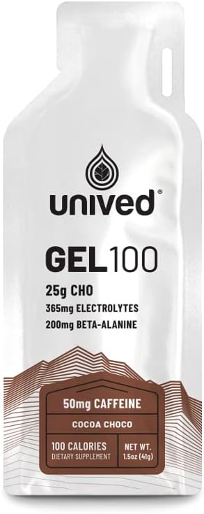 Unived Gel 100 - Vegan Energy Gel pentru atleti de rezistenta Alergatori si ciclisti - 100kcal - Cocoa Choco - 50mg Cafeina - Pachet de 6