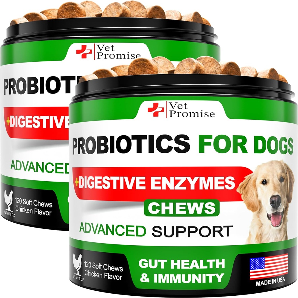 2 Pack) Probiotice pentru câini - Probiotice caine si enzime digestive pentru sanatate gutoasa, mancarimi ale pielii, alergii, imunitate, Echilibru Yeast - Prebiotice - Reduce diaree, gaz - 240 Probiotice Chews pentru câini