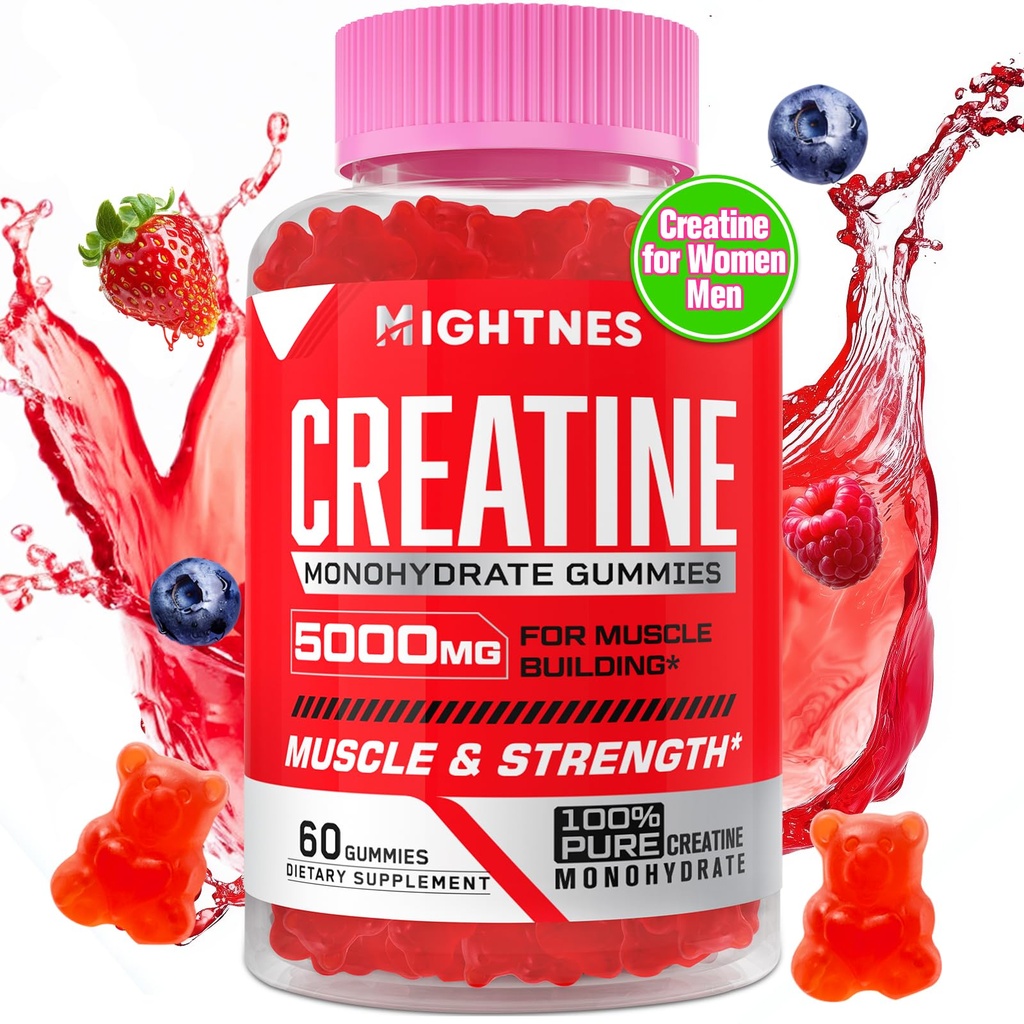 Creatin Monohidrat Gume pentru bărbaţi şi femei - Creatine Pre-Gummies pre-workout cu taurină şi vitamina B6 B12 pentru putere maximă, musculare, energie, rezistenţă & focus, organic, Vegan-60 Conte