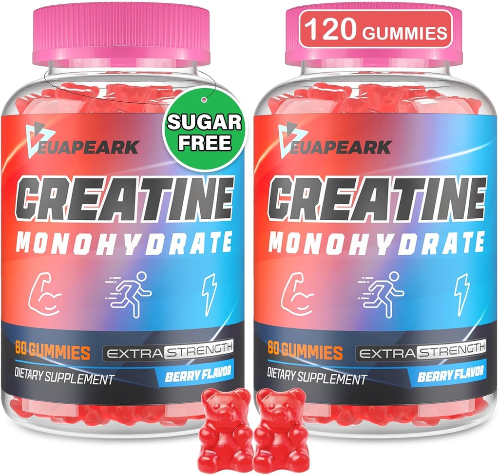 Creatine Monohidrat Gummies, Pre-Workout Chewables Supliment pentru femei și bărbați, Creatină Monohidrat cu Taurină & B6 - pentru mușchi, rezistență, rezistentă și energie, Vegan (Berry, 120 gume)