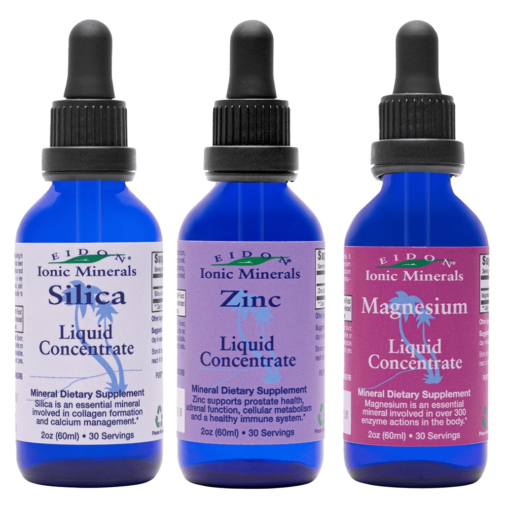 Eidon Ionic Minerale Siliciu lichid, zinc, picături de magneziu Variety Pack - Siliciu, Zinc, Suplimente de magneziu, All-Natural Trace Minerale, fără conservanți sau aditivi - 2 oz, Pachet de 3