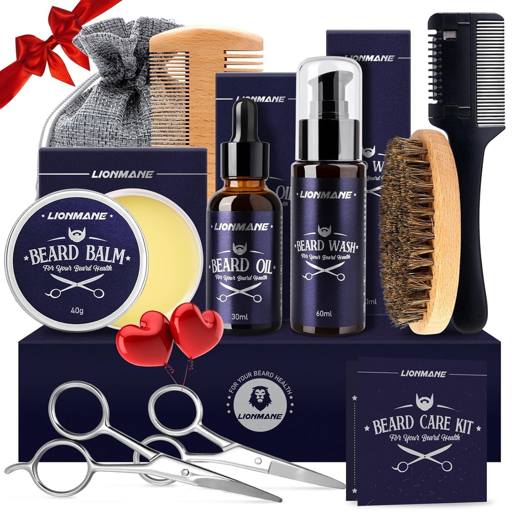 Lionmane Beard Care Cadouri de Craciun Kit pentru barbati, Barbă Mustace Grooming Kit-Beard Balm, Beard Wash, Beard Oil, Brush, Foarfece, Aniversare Cadouri de Ziua Recunostintei pentru sot/Boyfriend/Tad/Him