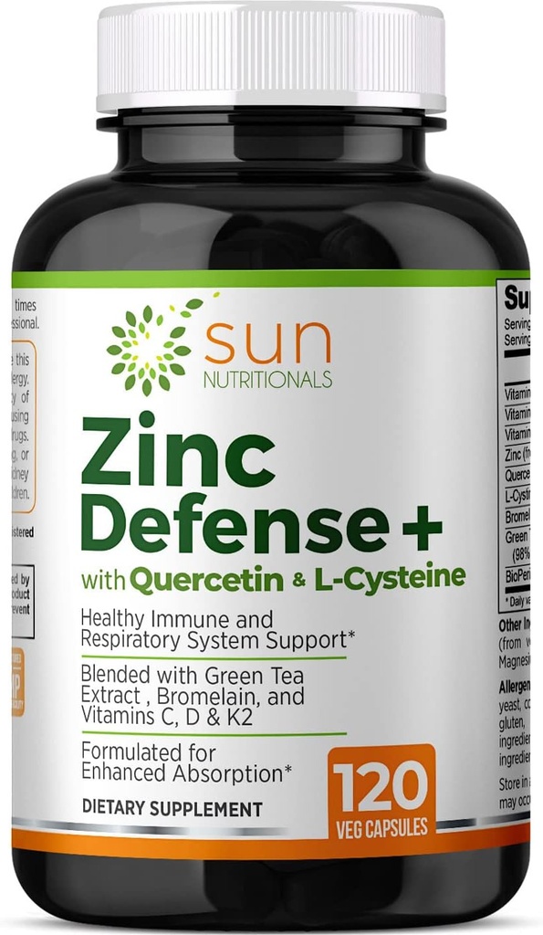 Zinc Defense+ cu Querbetin, Bromelain, L-Cysteine, EGCG (Extract de ceai verde), Vitamine C, D3 & K2, 2-Lonth Supply, 120 VCaps, Non-GMO, Gluten Free