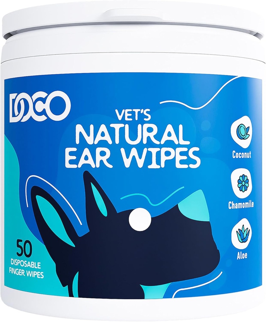 DOCO Dog Ear Cleaner Şterge Degetul Kit de curăţare pentru câini şi pisici Eucalipt, Chamomile & Aloe Cat Ear Cleaner Soothes, Deodorizes & Helps Itchy Ears (50 Conte)