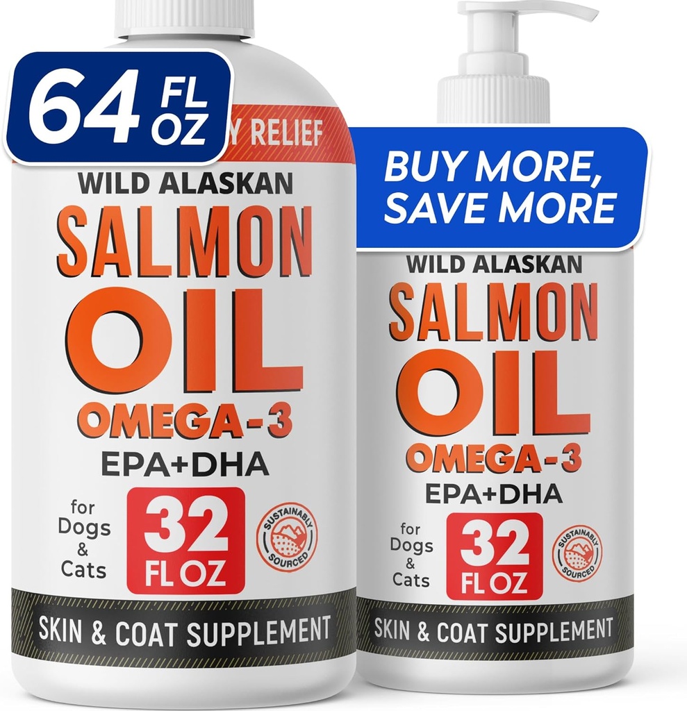 StrellaLab 64 OZ Salmon Oil for Dogs - Omega 3 for Dogs & Cats, Itch & Alergy Relief, Wild Alaska Salmon Oil Dogs Skin & Coat, Dog Fish Oil Liquid, Sheddling Supplement EPA & DHA Fatty Acids - 2Packs