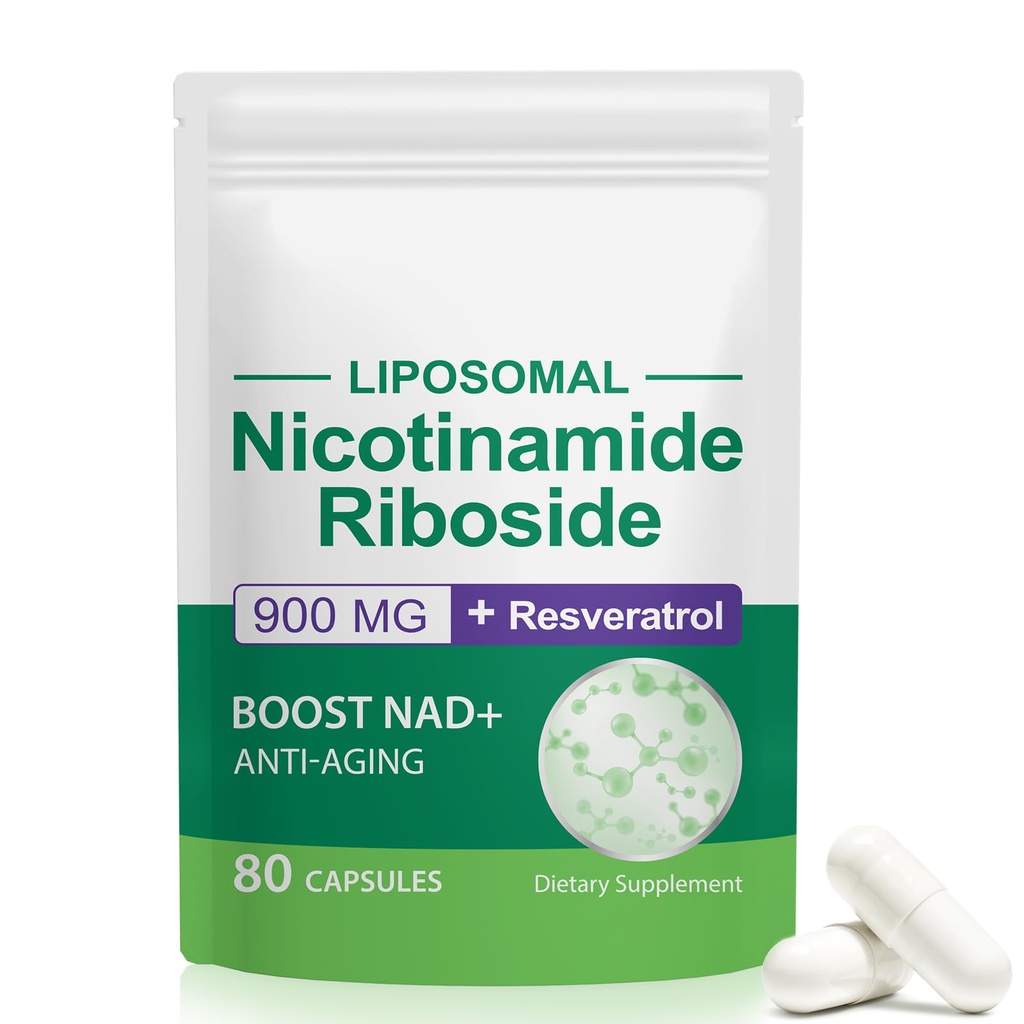 Supliment NAD, NAD+ Nicotinamidă Ribozidă Resveratrol 900 mg, Supliment alimentar pentru funcţie celulară sănătoasă, NAD+ Combustibili Cellular Defense and Ctivates Anti-Aging Genes 80 Capsule