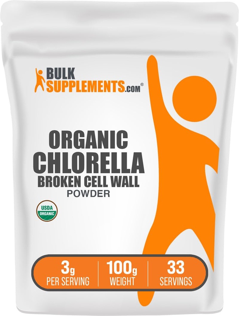 BulkSupplements.com Pudră organică Chlorella - Perete de celule sparte, Superfood verde pulbere, supliment Chlorella - Gluten gratuit, 3g per Serving, 100g (3.5 oz) (Pachet de 1)