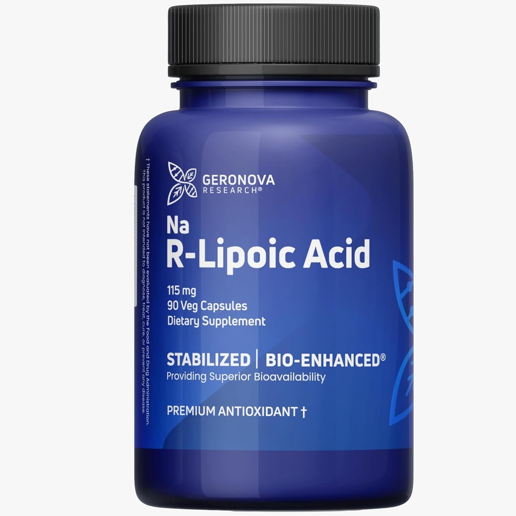Geronova Research Bio-Enhanced R-Lipoic Acid, 115 mg capsule - 3 luni aprovizionare - Stabilizat R Acid alfa lipoic cu absorbţie sporită - Supliment acid lipoic - 90 Număr