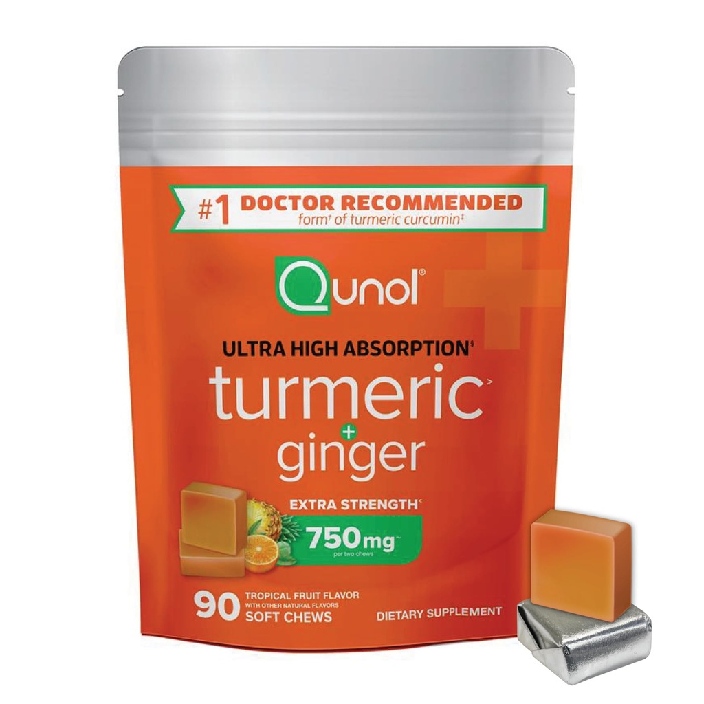 Qunol Turmeric și Ginger Soft Chews, 750mg Supliment Turmeric, Ultra mare absorbție pentru a sprijini sănătatea comună, 90 Conte