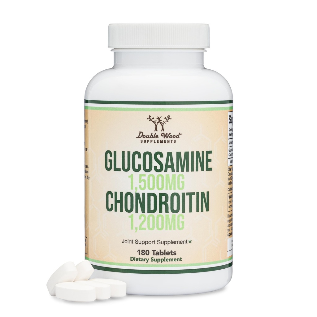 Glucosamină Chondroitin Triple Putere (1,500 mg Glucosamină Sulfat, 1200 mg Chondroitin) 180 comprimate, Două luni de aprovizionare (Supliment de sprijin comun) Gluten gratuit, non-GMO de lemn dublu