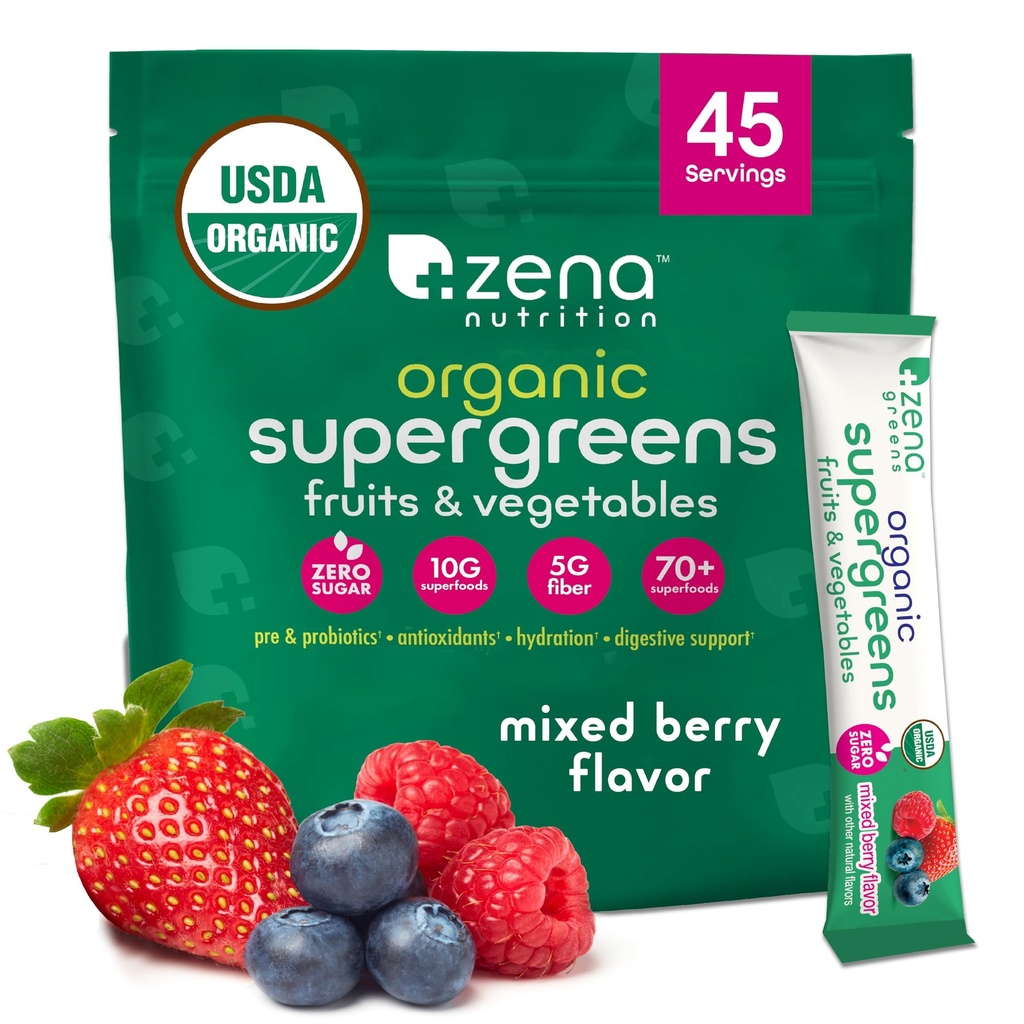Zena Nutrition Organic Super Greens Powder, 70+ Superfoods, 0 Zahăr, 5G Fiber, Spirulina, Chlorella, Antioxidanti, Prebiotice/Probiotice, Enzime Digestive, Berry mixt, 45 Pachete amestec de băuturi