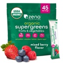 Zena Nutrition Organic Super Greens Powder, 70+ Superfoods, 0 Zahăr, 5G Fiber, Spirulina, Chlorella, Antioxidanti, Prebiotice/Probiotice, Enzime Digestive, Berry mixt, 45 Pachete amestec de băuturi