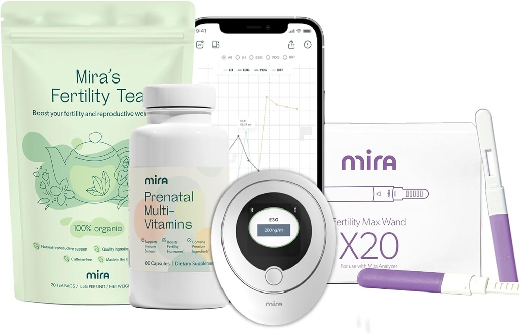 Sarcina Mira Bundle pentru încercarea de a conceva, Digital Fertility and Ovulation Kit cu 20 Max Test Baghete, 1 flacon de Mira Multivitamine Prenatale (60 capsule), & 1 sac de Ceai Fertility (20 saci de ceai)