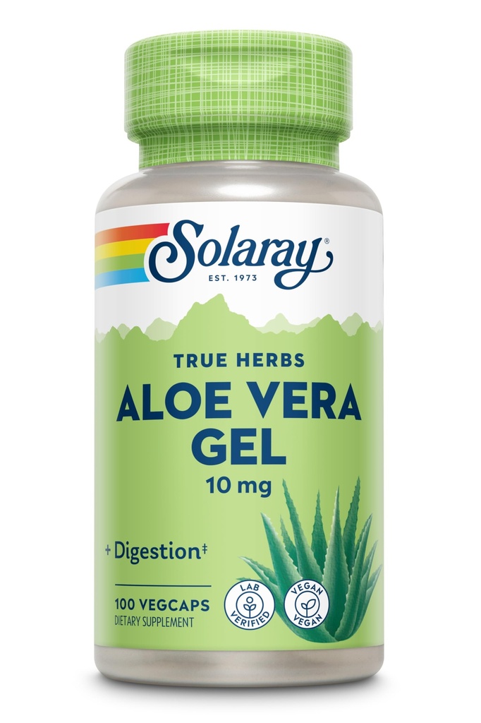 SOLARAY Aloe Vera Gel Concentrat 200X - Echivalent cu 2000mg Fresh Gel, Aloe Vera Capsule cu ghimbir, mentă și pătrunjel, Herbal Wellness Support, Vegan, Non-GMO, 60-Day Guarantee, 100 Servings