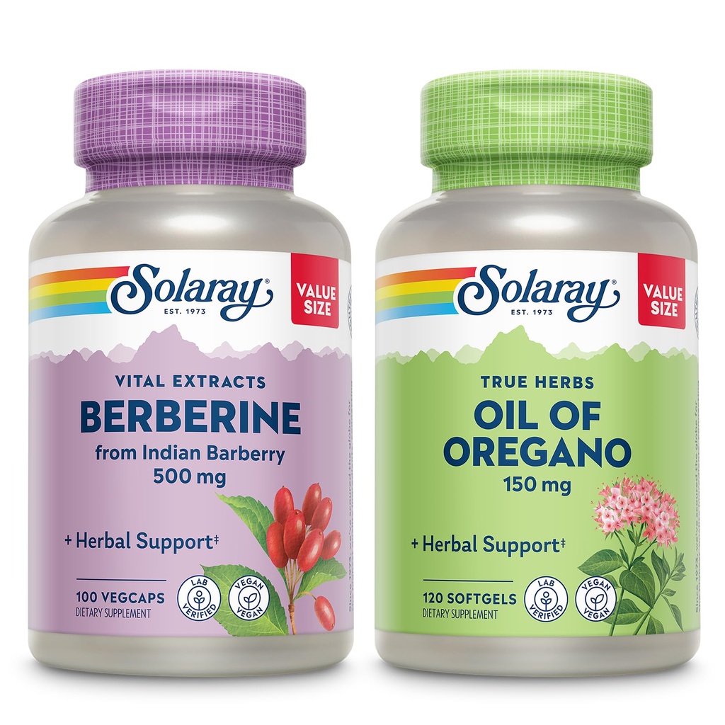SOLARAY Berberine și ulei de Oregano Bundle - Berberine HCl de la Indian Barberry Plus Oregano supliment de ulei pentru sprijinul puternic Wellness - 100 VegCaps / 120 Softgels