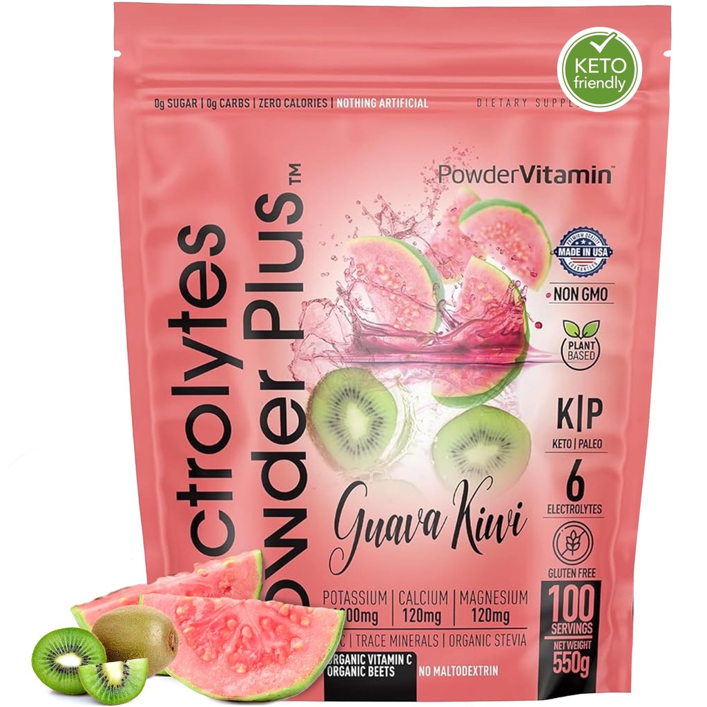 PulbereVitamina Electroliti Pulbere Plus (100 Serviri) Guava Kiwi Electrolit Pulbere, Zero Calorie, Keto, 0 Zahăr, Nu Maltodextrin, 1000mg Potasiu, 120mg Calciu, 120mg Magneziu, Pulbere de hidratare