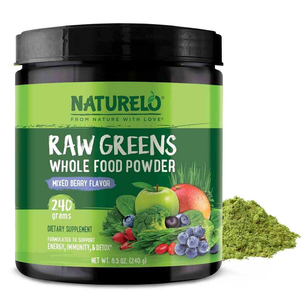 NATURLO Greens Raw Superfood Powder 240 Grams, mixt Berry - Sprijină energia, imunitatea și dezintoxicarea - Include Spirulina, granulatura de grâu și verzi ecologice pentru întreaga nutriție alimentară