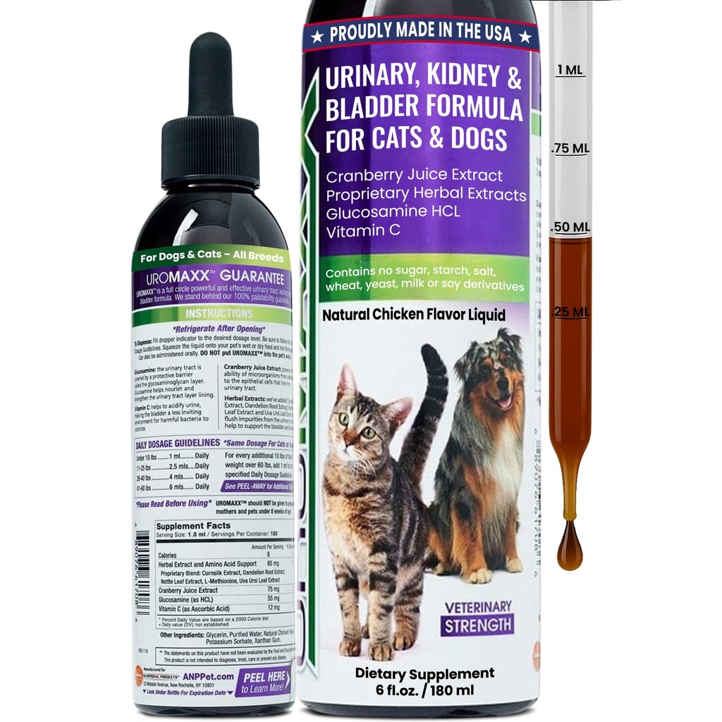Cat & Dog Tratament de tract urinar, Bladder & Rinichi Suport pentru câini și pisici, Puternic și totuși blând Îngrijire pentru animale de companie, cu Cranberry lichid & Glucosamină, Aroma de pui, 6 oz Sticla, 1 pachet