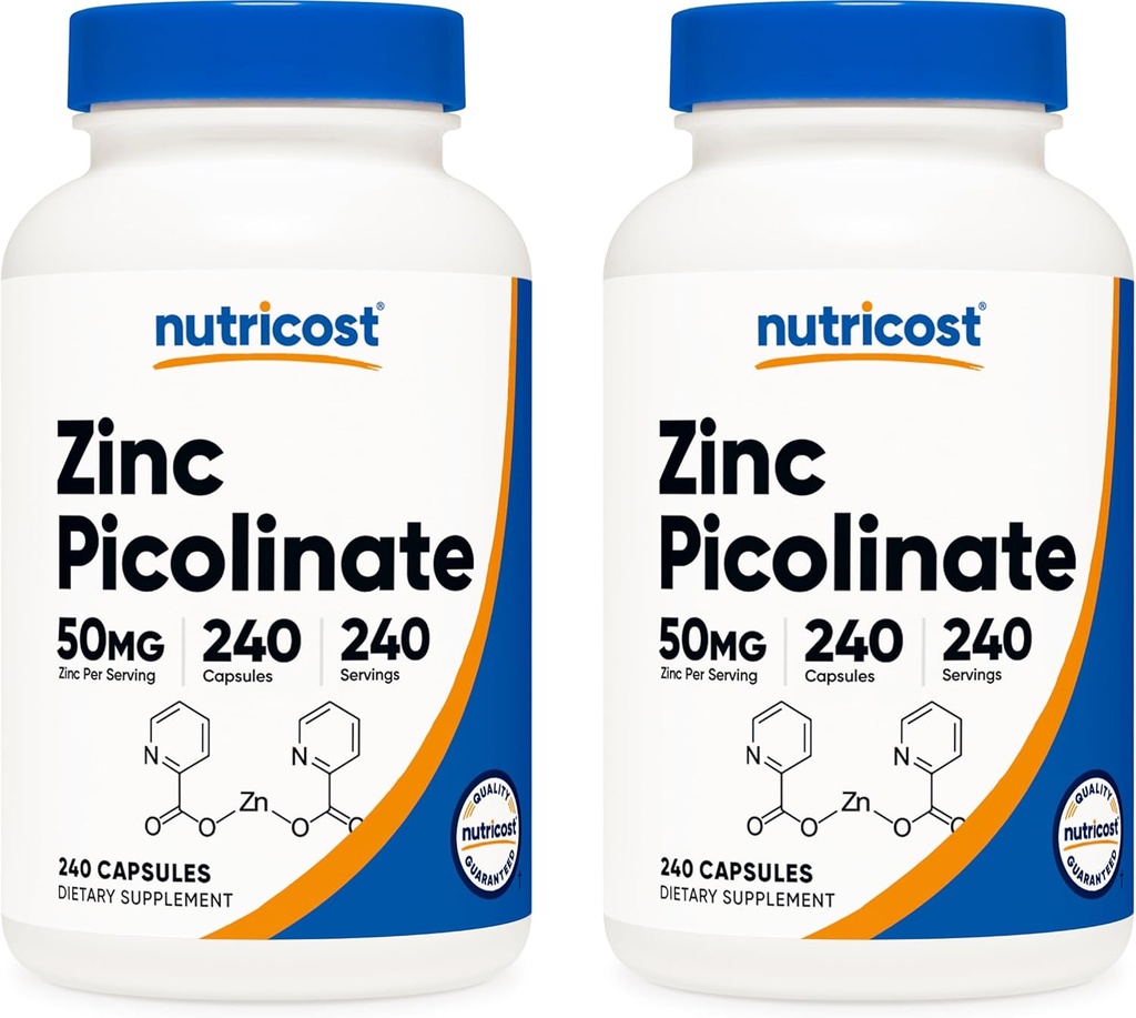Picolinat de zinc Nutricost 50mg, 240 Capsule vegetariene (2 flacoane) - Gluten gratuit și non-GMO