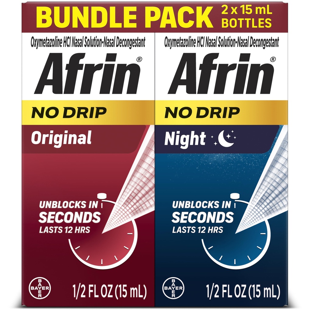 Afrin No Drip Original + Night Nasal Mist Bundle Pack, Non-Drowsy, Fast-Action Decongestant for Nasal Congestion and Sinus Pressure Relief, Adulți și copii 6 și mai în vârstă, .5 fl oz (Pachet de 2)