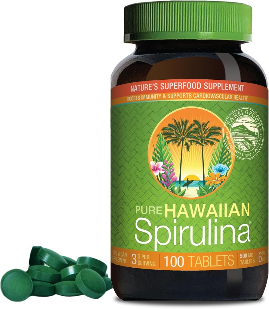 Nutrex Hawaii, Pure Hawaiian Spirulina 500 mg, Vegan, Sprijină Sistemul imunitar, Inima, Celule și Energie, 100 Tablete