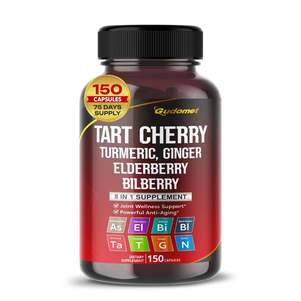 Tart Cherry Turmeric Ginger Stinging Ashwagandha Elderberry Black Pepper -150 Capsule - Made in USA