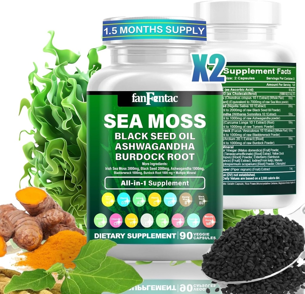 Sea Moss 7000mg - Black Seed Oil 2000mg - Ashwagandha 1000mg - Bladderwrack 1000mg - Turmeric 1000mg - Burdock 1000mg - Vitamina C 90mg - Vitamina D3 1000UI - Multiple Minerale 350mg - 180 Capsule