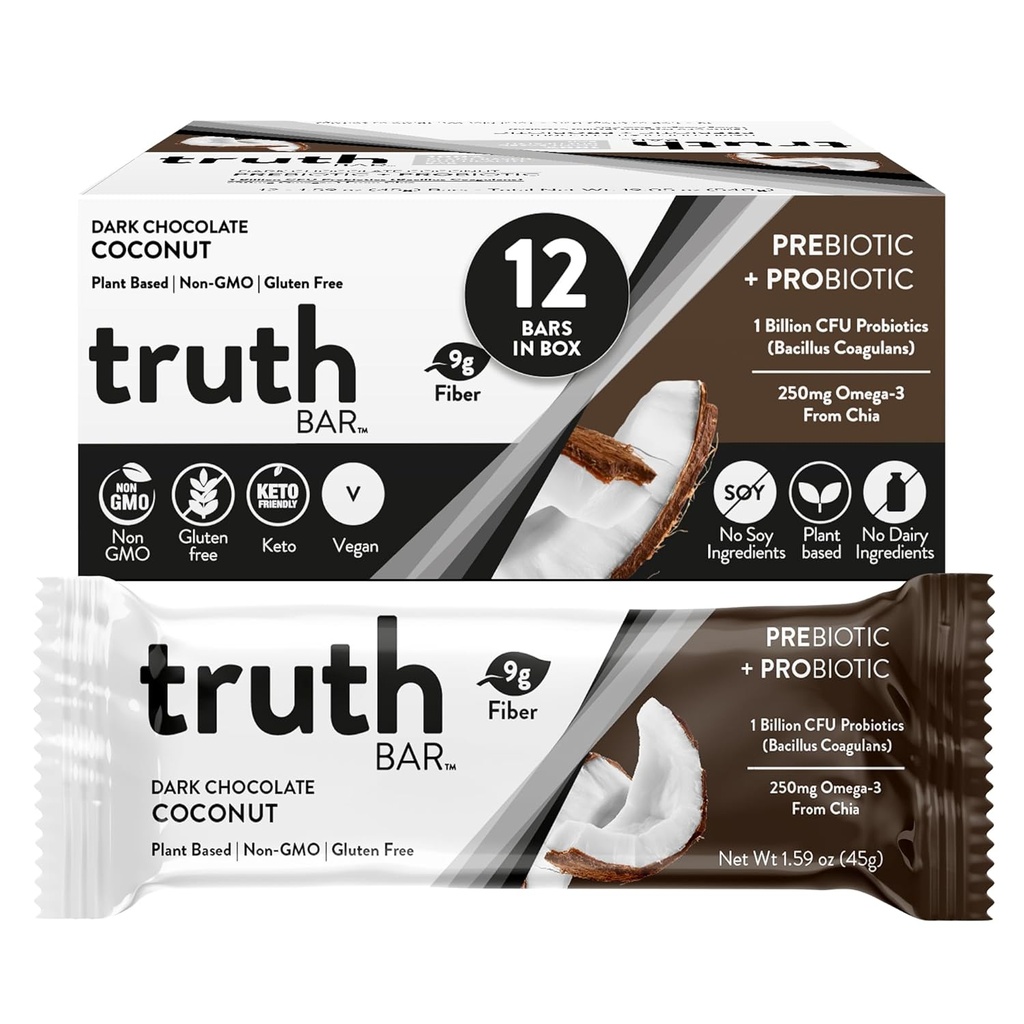 Truth Bar Sanatos Snack, Omega 3 din Chia, Plant based, Prebiotics & Probiotice, Fibră înaltă, Zahăr scăzut, Keto, Kosher, Ciocolată Întunecată, Vegan, Gluten Free, 12 Ct, 45g ea.