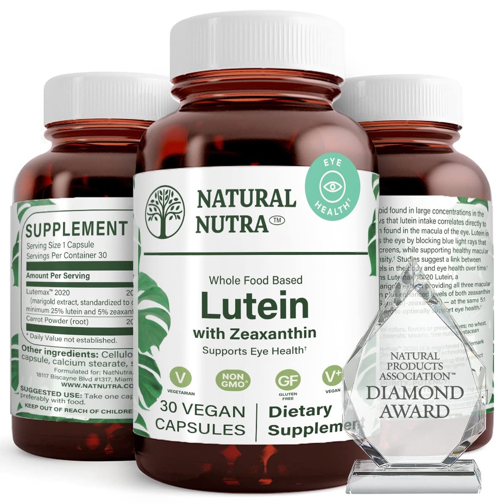 Natural Nutra Lutein și Zeaxanthin Supliment, Mentine Vision Health, Protejează Celula în ochi, Îmbunătățește nivelul de Zeaxantină & Izomers, Suport de sănătate oculară, Gluten gratuit, Soy Free, 20mg - 30 capsule