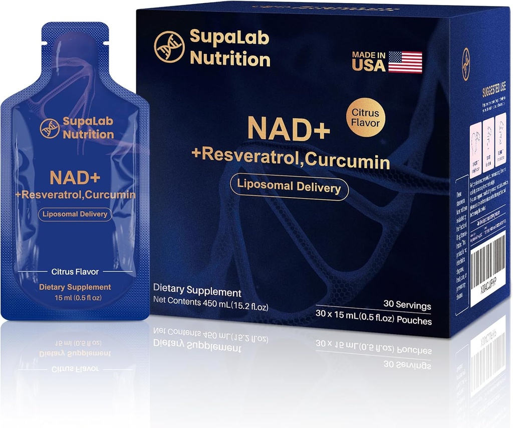 NAD+ Resveratrol Supliment 300mg Nicotinamidă Adenină Dinucleotidă, 200mg Curcuminoide și 500mg Olive Leaf - supliment NAD de înaltă puritate pentru anti-Aging, Energie, Focus