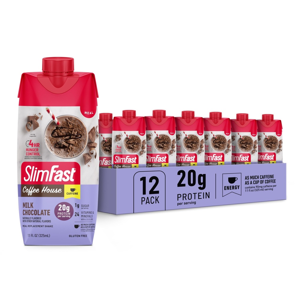 SlimFast Proteine Shake, NOU Lapte Ciocolata- 20g Proteina, Masa de inlocuire Shake Gata de baut, Proteina mare cu carbohidrati scazuti si zahar scazut, 24 Vitamine si Minerale, 11 Fl Oz (Pachet de 12)