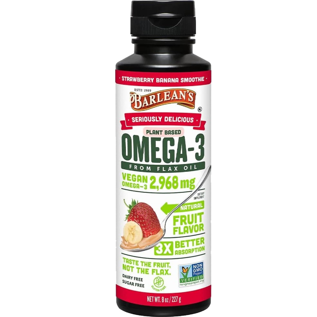 Barlean de căpșuni Banana ulei de in, Vegan Omega 3 6 9 Suplimente pentru copii și adulți din ulei de semințe de in presat rece cu 2,968 mg de Vegan Omegas, Non-GMO & Gluten Free, 8 oz