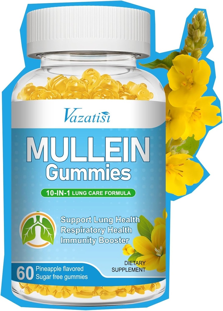 10 din 1 Mullein Gummies pentru Plămâni, Mullein Leaf Extract cu Bromelain, Querbetin, Magneziu - Suport Lung Curățenie pentru respirație sănătoasă, 60ct