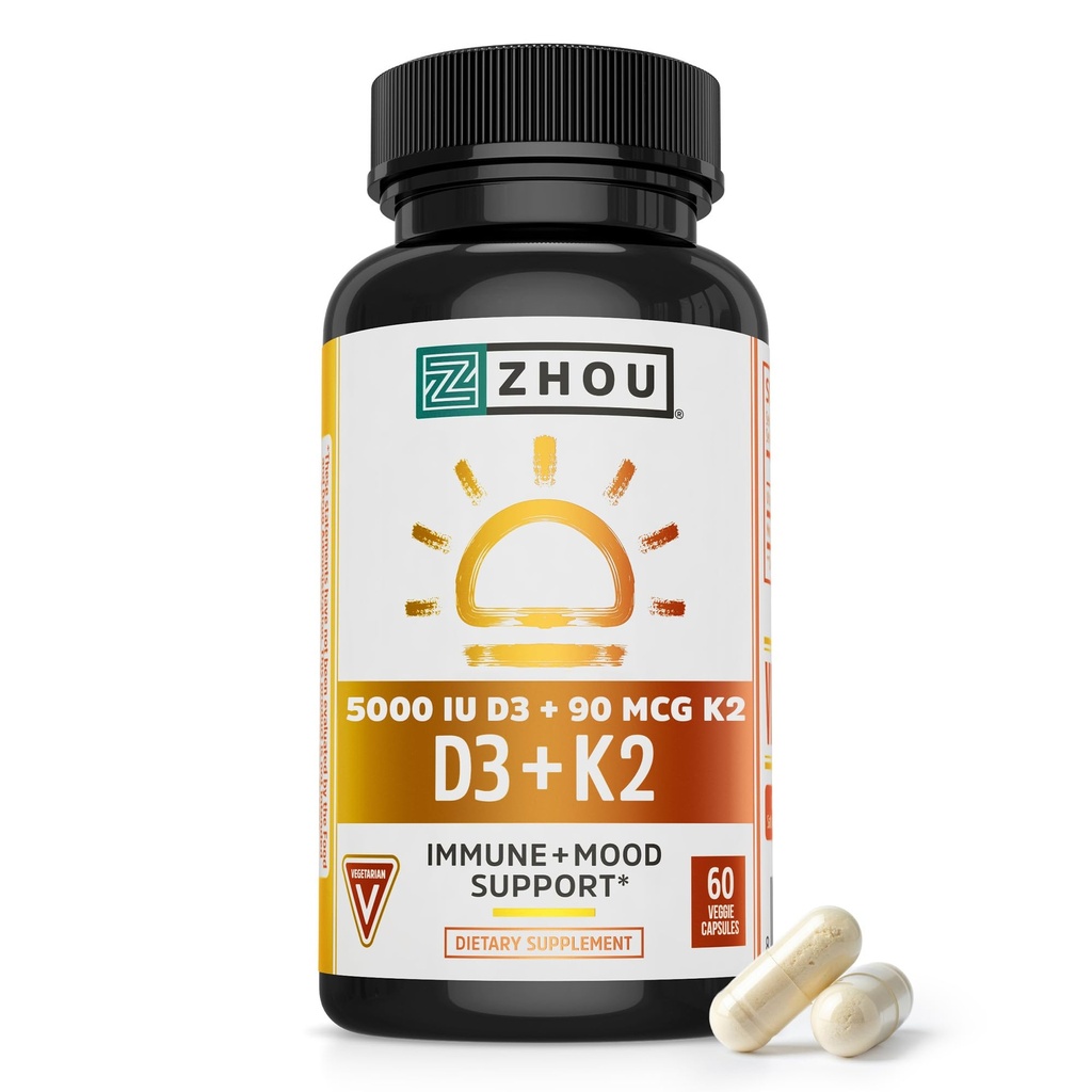 Zhou D3+K2 - Vitamina D3 K2 Suplimentul pentru femei şi bărbaţi, Suport Imunal Vit D3 şi K2 Suplimente, Formula vegetariană pură cu 5000 UI D3 şi MK-7 - 60 Capsule vegetale (Pachet de 1)