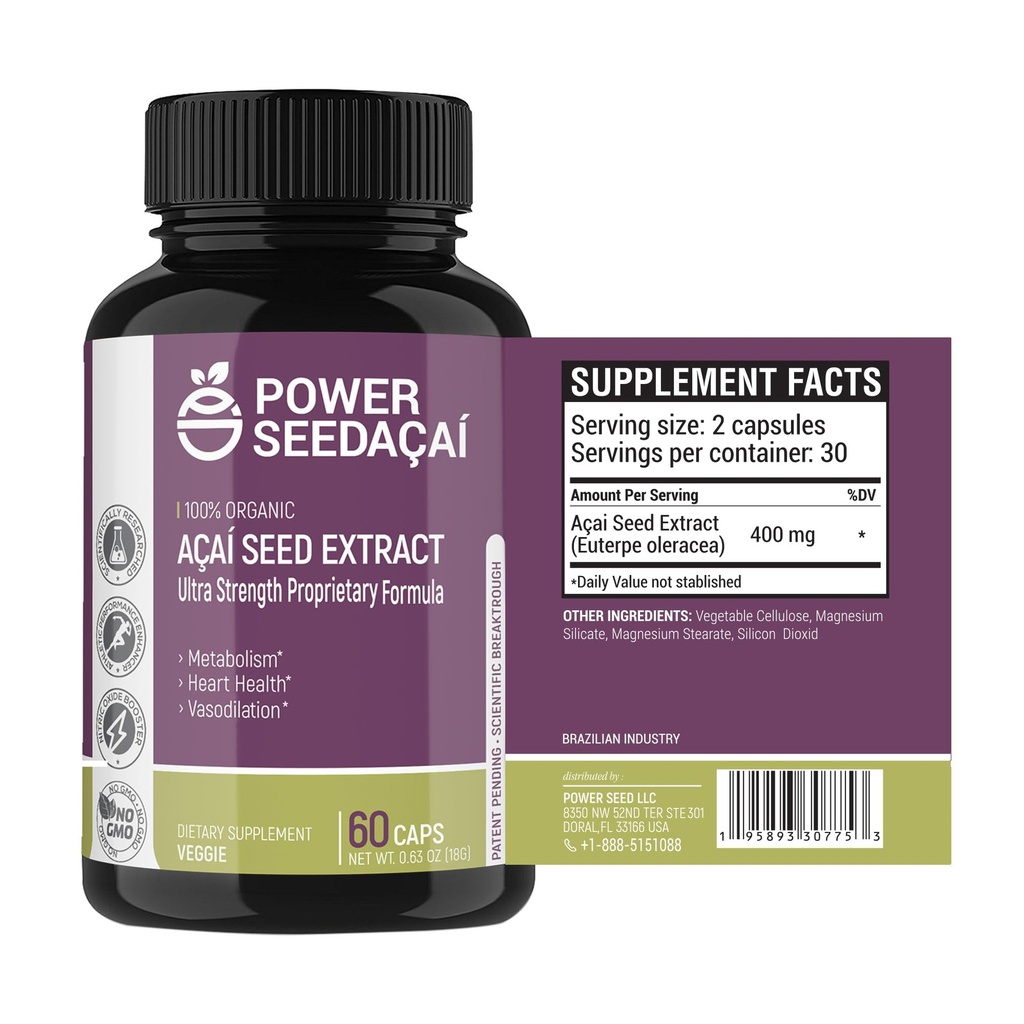 Seminte de putere Acai - Booster oxid de azot. Sprijină fluxul sanguin, nivelul de zahăr din sânge, funcția metabolică & energie. Antioxidant super puternic. Cafeina-free. Formula patentat 60 Capsule