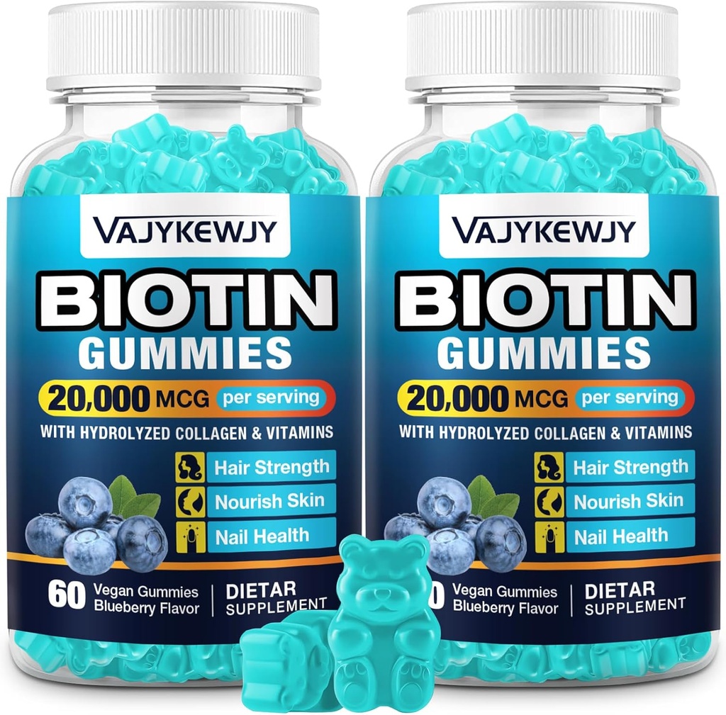 2 Pack Vegan Biotin Gummies pentru par, piele si unghii - 20.000 mcg per servire, Potrivit pentru femei si barbati - 120 Gummies