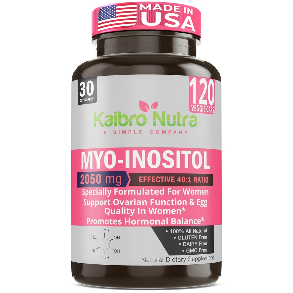 Kaibro Nutra Myo-Inositol Supliment, Myo-Inositol & D-Chiro Inositol 40:1 Raport, Echilibrul hormonal & Suport ovarian pentru femeile cu vitamina B8, 2050mg, Vegan, capsule non-GMO 120 Număr
