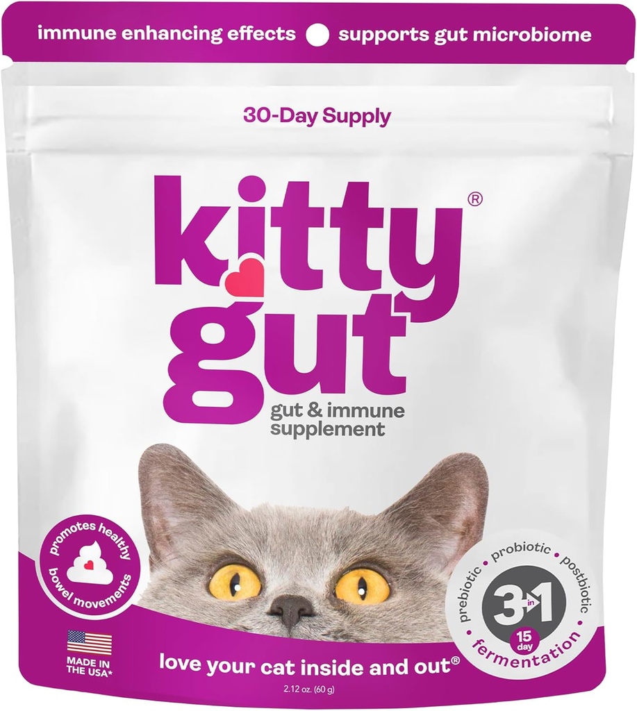 KittyGut 3-in-1 Organic Cat Probiotics & Postbiotic Supplement Powder- Made in USA-Probiotice pentru Pisici Promoveaza Sanatate Gut si Cat Digestive Support, Diaree si Vărsături (60g)