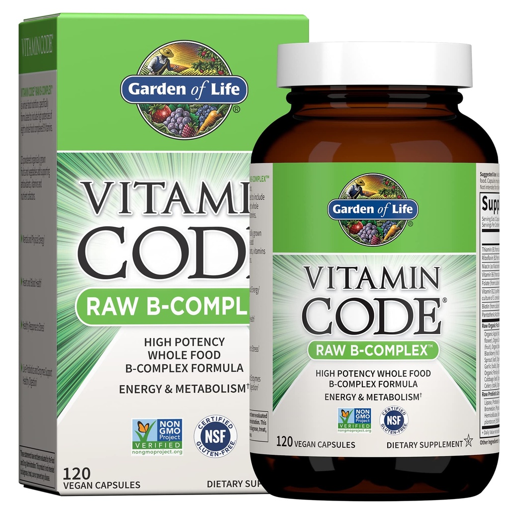 Garden of Life Vitamina B Complex, 120 capsule Vegan, vitamine de mare potenta pentru energie si metabolism cu B6, Folate & B12 ca metilcobalamină Plus Probiotice