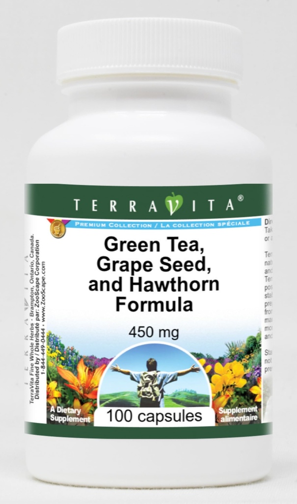 Suport pentru tensiune arterială mare - Ceai verde, semințe de struguri și Hawthorn - 450 mg (100 capsule, ZIN: 517080)
