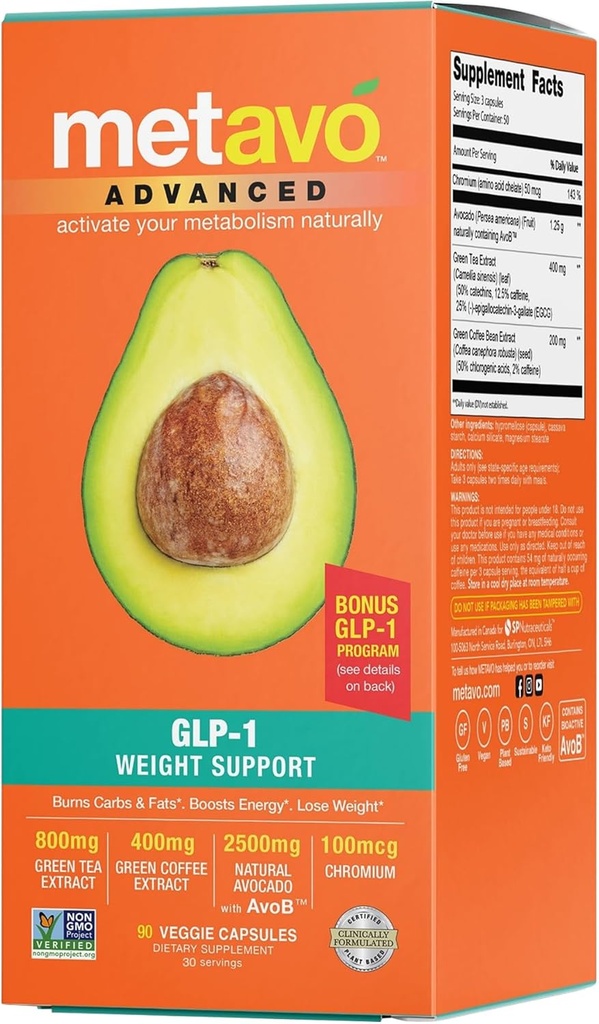 Metavo Advanced Weight Supplements cu Nutrients esentiale pentru promovarea Wellness, imbogatit cu Avocado, Ceai verde, Coffee verde, 90 Pastilele dietetice Easy-to-Swallow