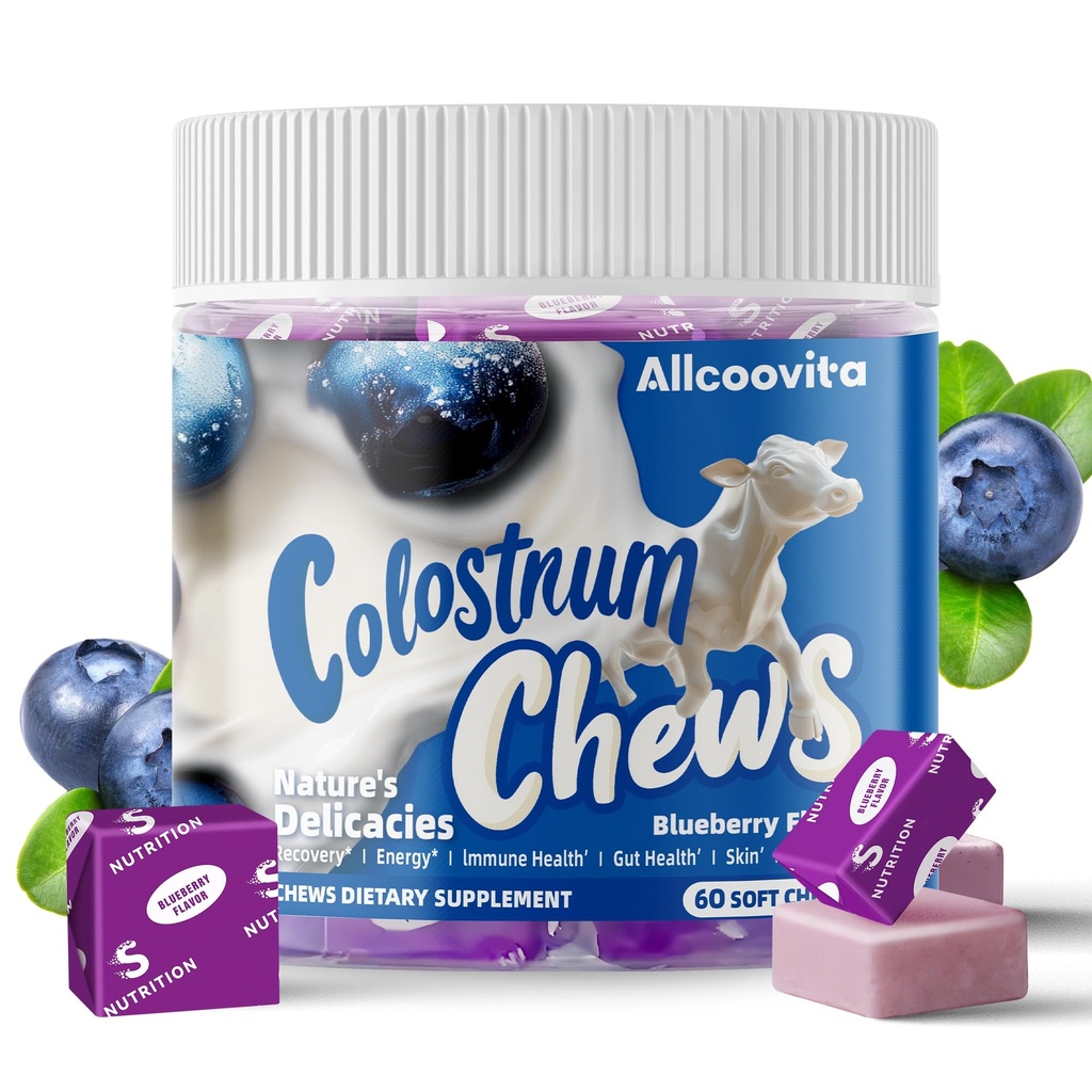 Colostrum bovine Chews Supliment cu probiotice pentru sanatate gutoasa, Blooting, Suport Imun, Piele, Cresterea parului si frumusete - Aroma de afine (60 Serviri)