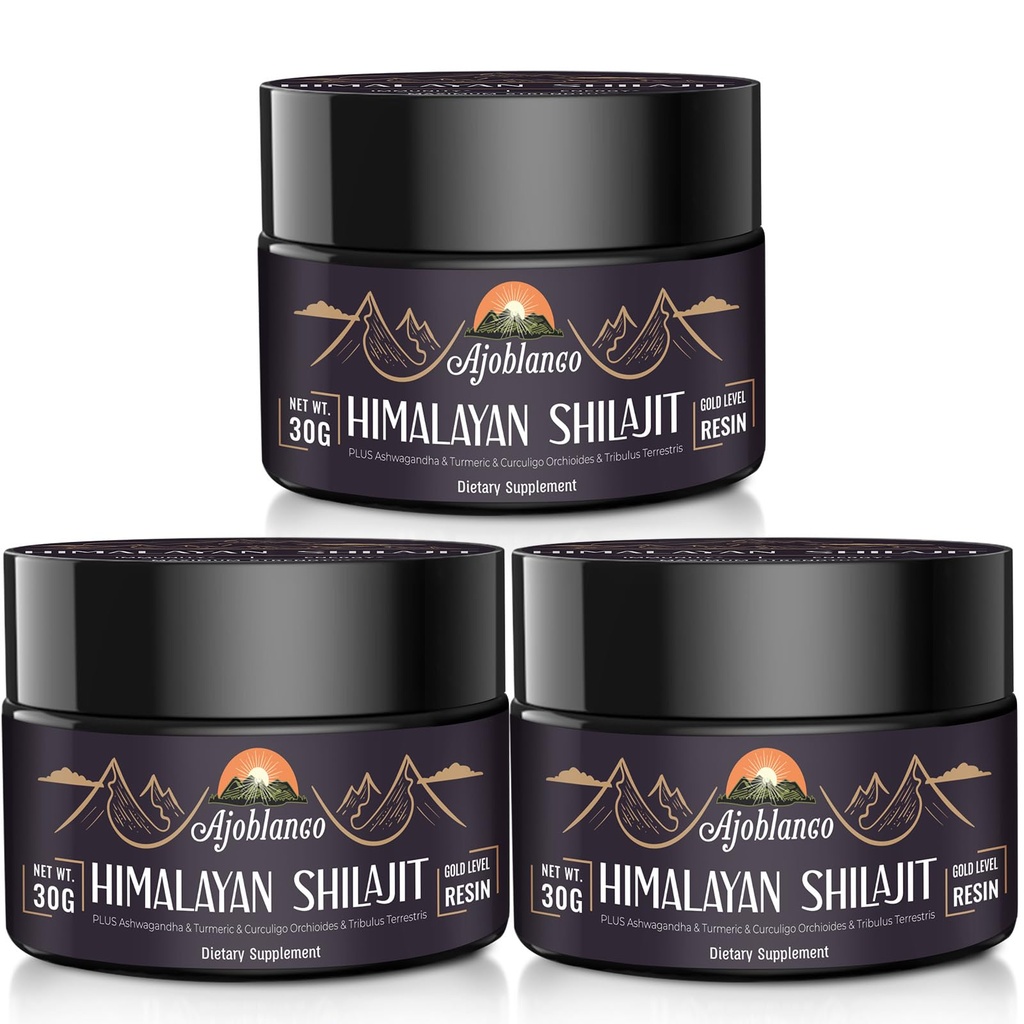 Ajoblanco 600mg Natural Himalayan Organic Shilajit Resin - Himalayan Gold Shilajit Resin cu organic Ayurvedic Blend în mare potenta pentru energie, Putere & Imunitate, Pachet de 3