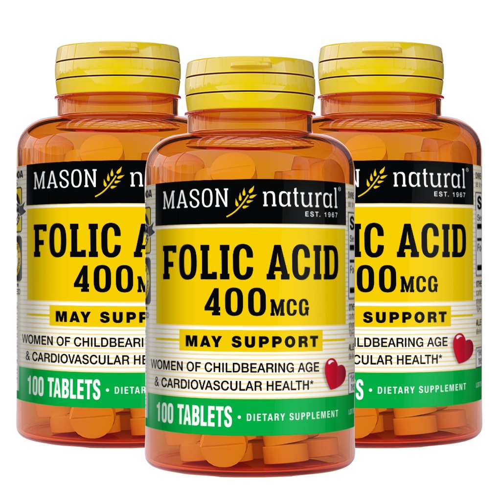 Mason Natural Folic Acid 400 mcg, supliment zilnic pentru sănătate, stare de spirit și îngrijire prenatală, pentru femei de vârstă fertilă, 100 comprimate (Pachet de 3)