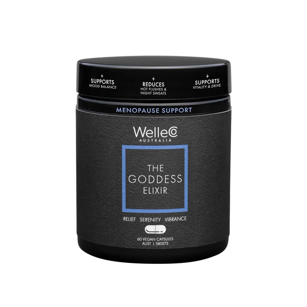 WelleCo The Goddess Elixir, Menopause Supliment pentru femei cu Vitex, Red Clover & B Vitamine, Sprijină Echilibrul hormonului, Transpirații de noapte și Flashes Hot Relief, 60 capsule