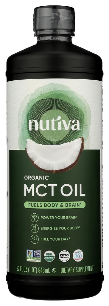Nutiva Organic MCT Ulei, nearomatizat, 32 Oz, USDA Organic, Non-GMO, Non-BPA, Whole 30 Aprobat, Vegan, Gluten-Free & Keto, 14g MCT per Serving & Neutral Flavor for Energy Boost to Coffee, Shakes and Salads