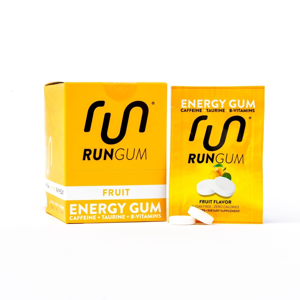 RUN GUM Fruit Energy Chewing Gum 50mg Caffeine Taurine & B-Vitamina Per Piece, 24 Piese (Pachet de 12) Zahăr liber, Zero Calorie, Nu Aspartame, și gluten gratuit